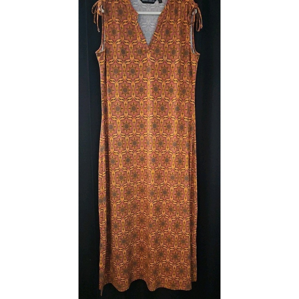 BROOKE SHIELDS Large Maxi Dress Athleisure Shoulder‎ Tie Moroccan Print 80